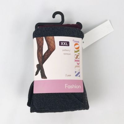 Joyspun Fashion Tights XXL 2 Pair - Black Shimmer and Opaque Plum